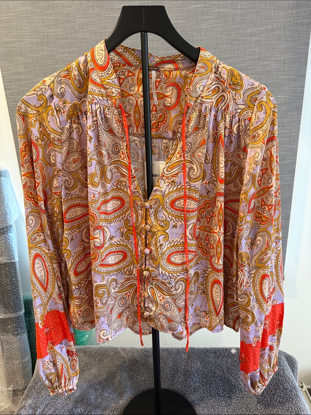 Free People Lavender Paisley Tie-Neck Blouse with Red Accents